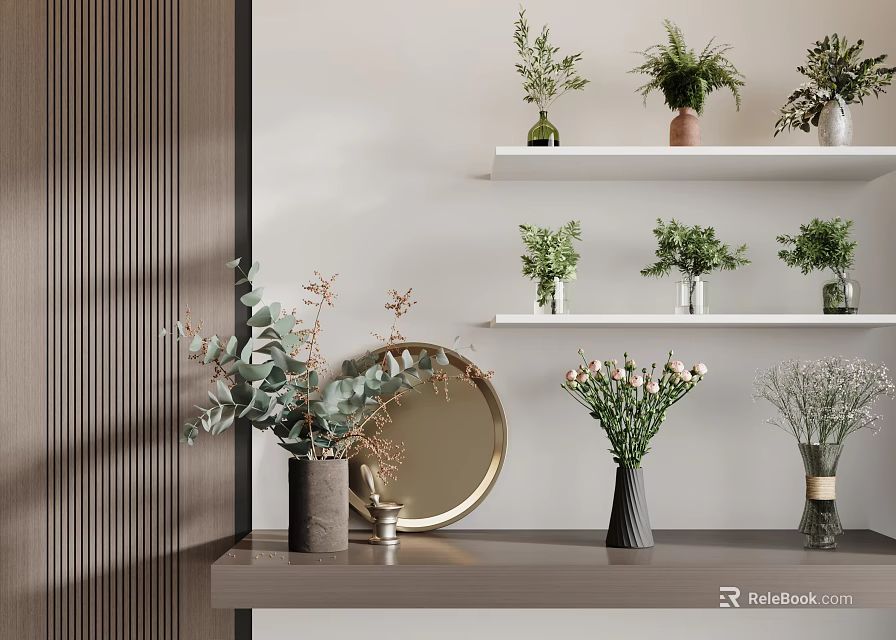 Decorative Vases With Various Flowers On Wall Shelves And Wooden Countertop With Round Mirror Decor 3d model 