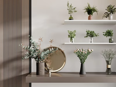 Decorative Vases With Various Flowers On Wall Shelves And Wooden Countertop With Round Mirror Decor 3d model