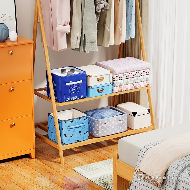 Wooden Clothing Rack With Storage Boxes In Bedroom 3d model 