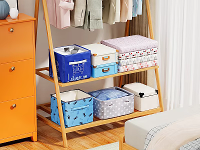 Wooden Clothing Rack With Storage Boxes In Bedroom 3d model