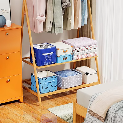 Wooden Clothing Rack With Storage Boxes In Bedroom 3d model