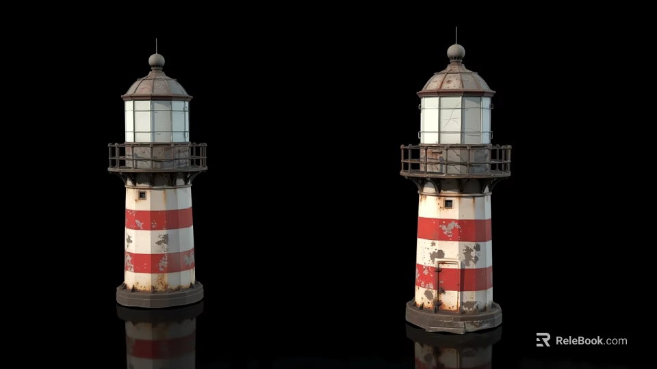 Two Weathered Red And White Striped Lighthouses With Subtle Reflections In Elegant Dark Coastal Scenery 3d model 
