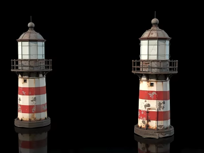 Two Weathered Red And White Striped Lighthouses With Subtle Reflections In Elegant Dark Coastal Scenery 3d model