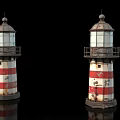 Two Weathered Red And White Striped Lighthouses With Subtle Reflections In Elegant Dark Coastal Scenery