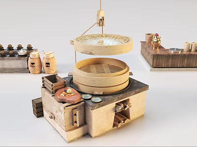 Traditional Chinese Kitchen Utensils Display with Bamboo Steamer Clay Jars and Stone Mill 3d model