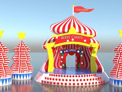 Merry Circus Themed Art Installation With Red White Striped Tent Star Decorations And Christmas Trees 3d model