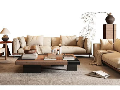 Minimalist Living Room Sofa Coffee Table Set With Beige Upholstery Wooden Table And Decorative Accents 3d model