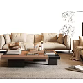 Minimalist Living Room Sofa Coffee Table Set With Beige Upholstery Wooden Table And Decorative Accents