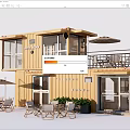 Yellow Two Story Container Building With Terrace Outdoor Seating Sun Umbrellas And Plants