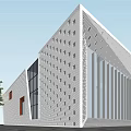 Modern Geometric Building With Perforated Facade Glass Windows And Pedestrians At Entrance