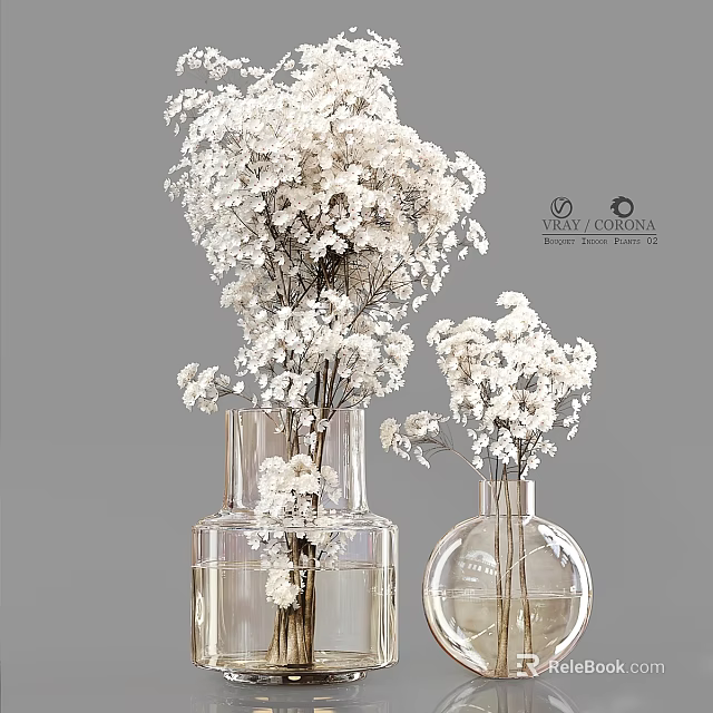 Decorative Ornament Set With White Dried Flowers In Transparent Glass Vases 3d model 