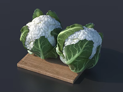 Two Fresh Cauliflowers With Green Leaves On Wooden Cutting Board Against Dark Background 3d model