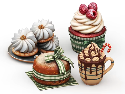 Festive Dessert Collection With Raspberry Cupcake White Icing Cookies Ribbon Cake And Chocolate Drizzle Coffee 3d model