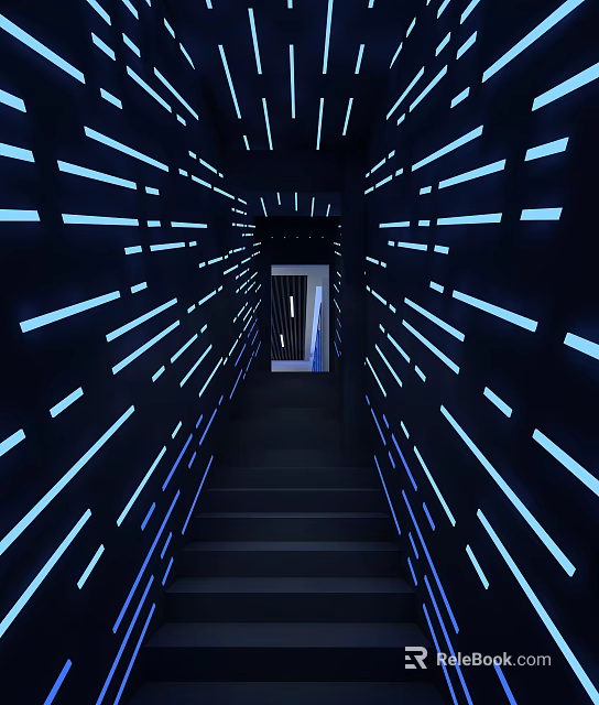 Modern Dark Tunnel With Blue Striped Lights Leading To Staircase Exit 3d model 