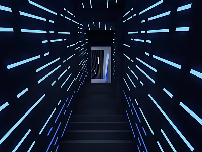 Modern Dark Tunnel With Blue Striped Lights Leading To Staircase Exit 3d model