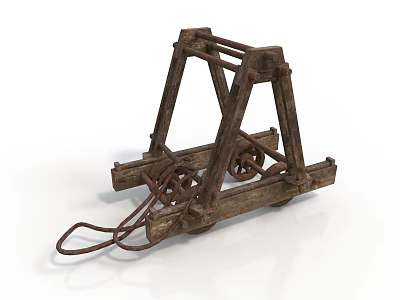 Ancient Wooden Equipment With Wheels Metal Chains And Structural Frame 3d model