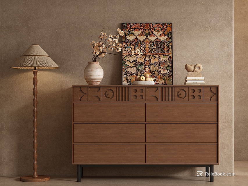 Wooden Entryway Cabinet Sideboard With Carved Details Vase Dried Flowers Artwork And Floor Lamp 3d model 