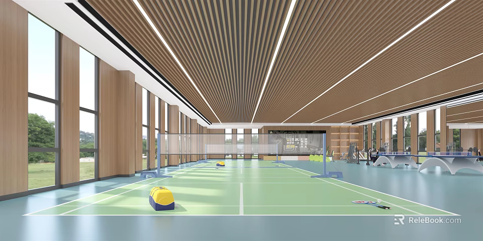 Modern Indoor Badminton Court With Green Surface And Wooden Ceiling Design 3d model 