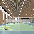 Modern Indoor Badminton Court With Green Surface And Wooden Ceiling Design
