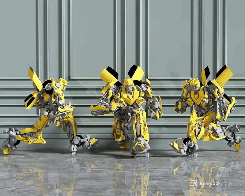 Smart Robots In Yellow And Silver Dynamic Poses Against Gray Wall Background 3d model