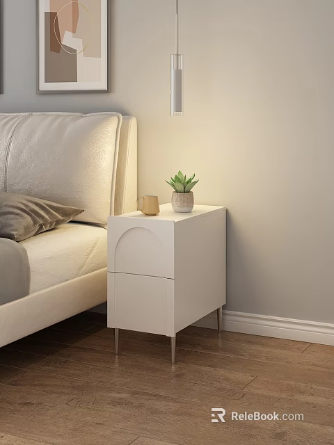 White Modern Nightstand With Drawer Yellow Cup Small Green Plant And Bedside Lamp 3d model 