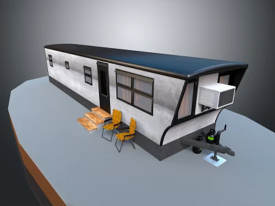 Modern Mobile Home Exterior With Black Roof Windows Yellow Chairs And Table 3d model