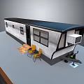 Modern Mobile Home Exterior With Black Roof Windows Yellow Chairs And Table