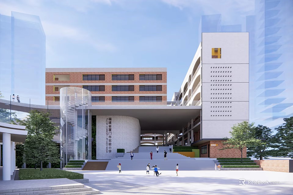 Modern School Building With Red Brick And White Design Entrance Staircase Plaza And Trees 3d model 