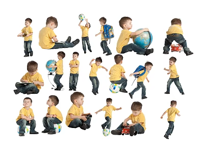 Group of Kids in Yellow Shirts Blue Pants Playing Ball Holding Globe And Toy Cars 3d model