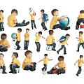 Group of Kids in Yellow Shirts Blue Pants Playing Ball Holding Globe And Toy Cars