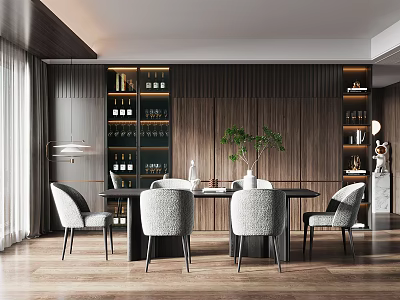 Modern Wooden Dining Room Interior With Wine Cabinet Gray Chairs Green Plant And Pendant Light 3d model