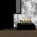 Modern Fireplace With Burning Fire Dark Wooden Base And Light Colored Wall Wooden Cabinets