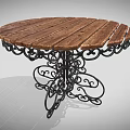 Rustic Outdoor Table With Wooden Plank Top And Decorative Metal Curved Legs