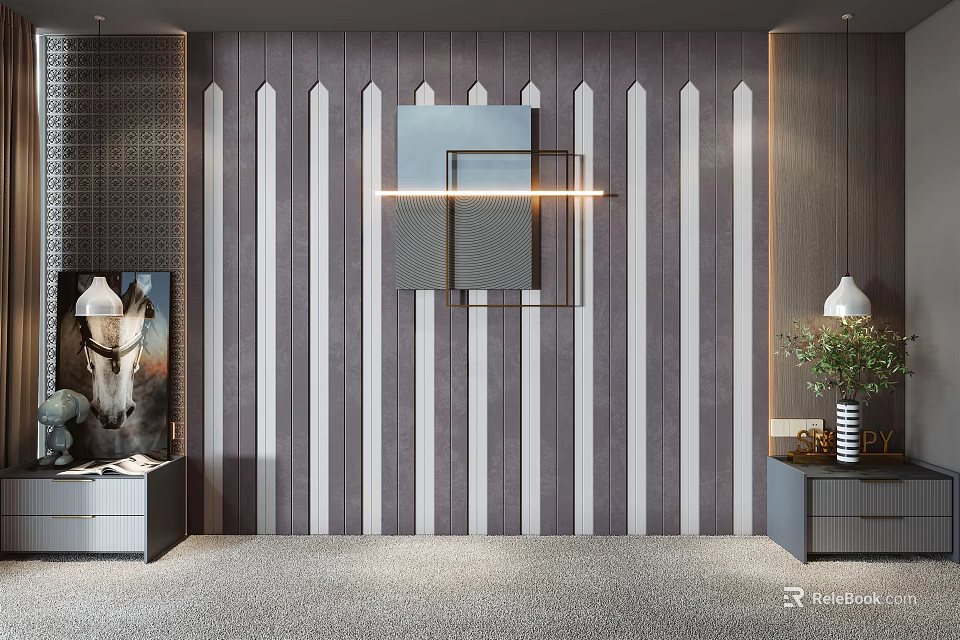 Modern Minimalist Living Room Interior Wall With Vertical Gray White Stripes And Decorative Art 3d model 