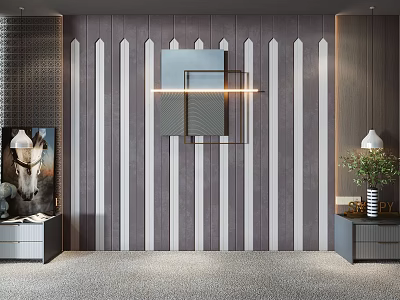 Modern Minimalist Living Room Interior Wall With Vertical Gray White Stripes And Decorative Art 3d model