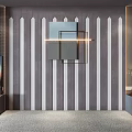 Modern Minimalist Living Room Interior Wall With Vertical Gray White Stripes And Decorative Art