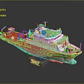 Red and White Water Vessel Model With Green Superstructure And Deck Equipment