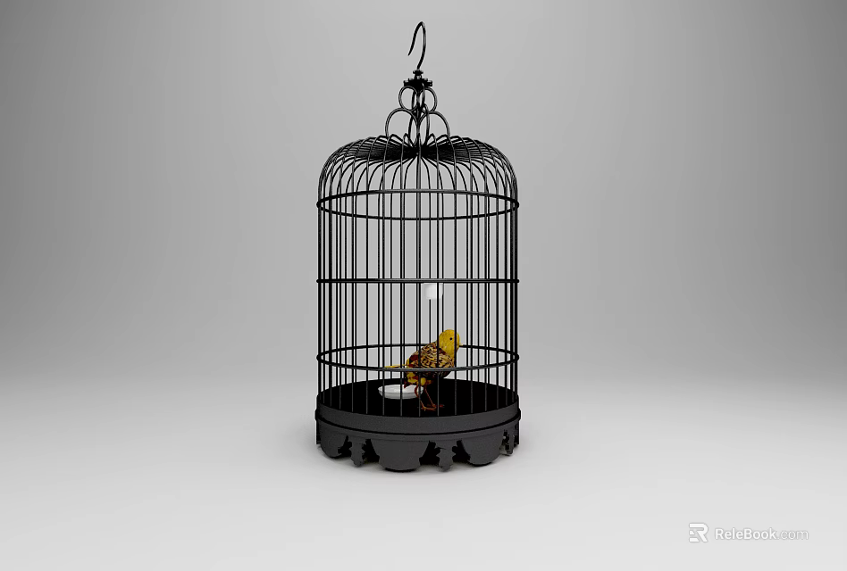 Decorative Ornament Set Featuring Black Birdcage With Yellow Bird And Decorative Base 3d model 
