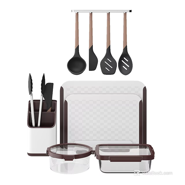 Essential Kitchen Utensils Set With Wooden Handle Tools Knife Block Cutting Board And Storage Containers 3d model 