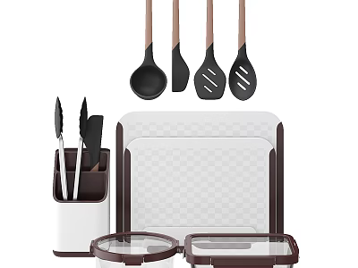 Essential Kitchen Utensils Set With Wooden Handle Tools Knife Block Cutting Board And Storage Containers 3d model