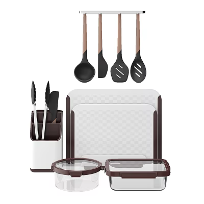 Essential Kitchen Utensils Set With Wooden Handle Tools Knife Block Cutting Board And Storage Containers 3d model