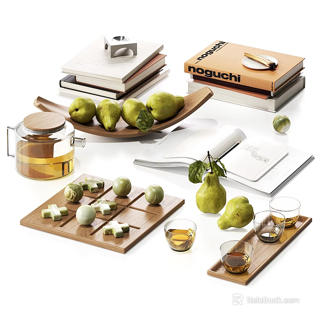 Modern Decorative Ornament Set With Wooden Trays Pear Figurines Glass Teapot Books And Chessboard 3d model 