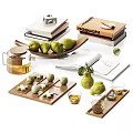Modern Decorative Ornament Set With Wooden Trays Pear Figurines Glass Teapot Books And Chessboard