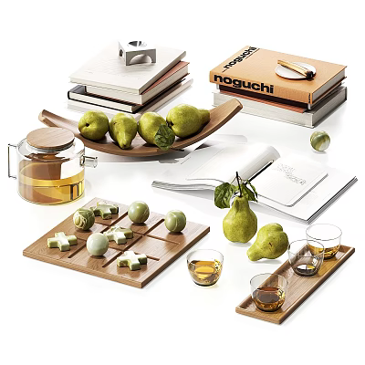 Modern Decorative Ornament Set With Wooden Trays Pear Figurines Glass Teapot Books And Chessboard 3d model