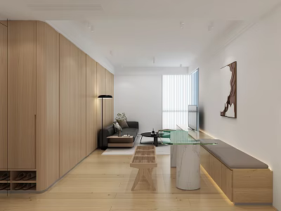Modern Minimalist Apartment Living Room Featuring Wooden Furniture Floor-to-ceiling Window Sofa Coffee Table And Bench 3d model