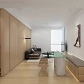 Modern Minimalist Apartment Living Room Featuring Wooden Furniture Floor-to-ceiling Window Sofa Coffee Table And Bench