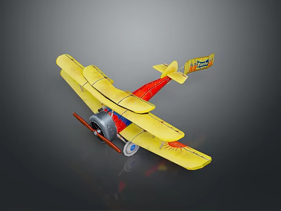 Yellow Biplane Toy Model With Propeller Skis And Pilot Tail Label 3d model
