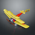 Yellow Biplane Toy Model With Propeller Skis And Pilot Tail Label
