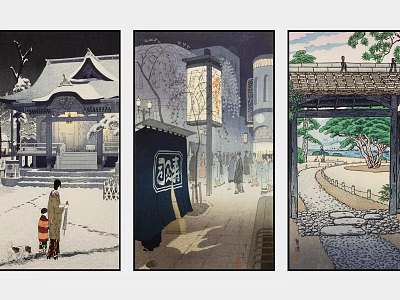 Traditional Japanese Paintings With Snow Scene Lantern Lit Street And Bridge 3d model