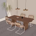 Modern Dining Table And Chairs Set With Wooden Top Metal Frame And Hanging Lights